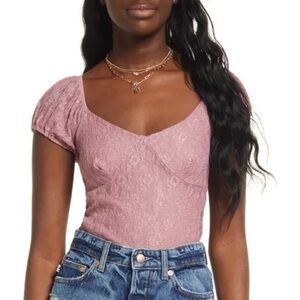 BP. lace top Large mauve babydoll lined puff semi sheer sleeve romantic crop NWT